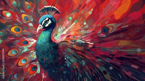 Elegant Blue-Red-Orange Peacock AI © ArquitecAi