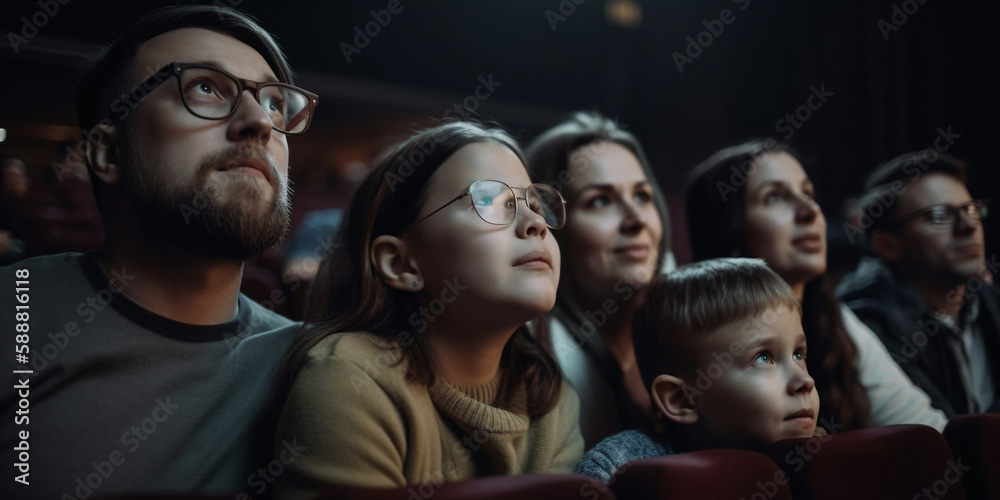 Obraz premium Family with children in the cinema watching a movie. Generative AI 