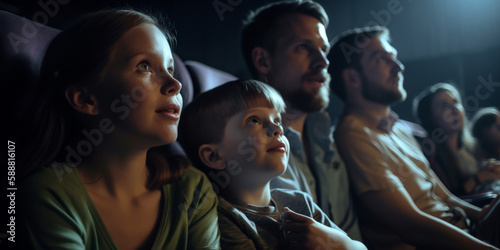 Family with children in the cinema watching a movie. Generative AI	
 photo