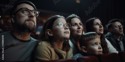 Family with children in the cinema watching a movie. Generative AI   © xartproduction