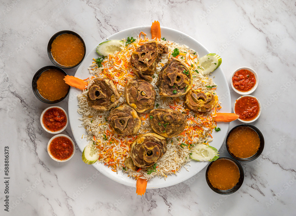 Arabian beef mandi with sauces top view. Beef Mandi arabic food