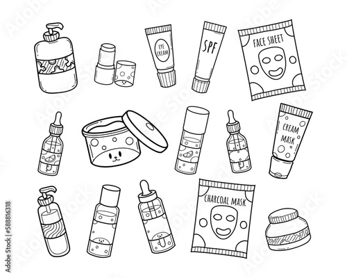 Skincare and cosmetics vector outline sketch collection	