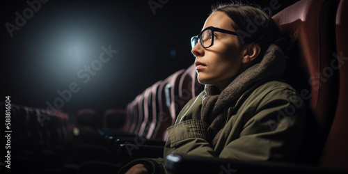 Man in the cinema watching a movie looking at the screen. Generative AI 