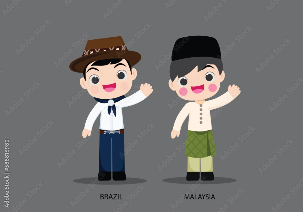 Brazil and Malaysia in national dress vector illustrationa