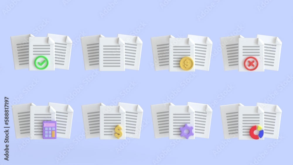 Set of document file management and administration 3d render icon. paper sheet with business money finance realistic concept. Set of document file management and administration 3d render icon. paper sheet with business money finance realistic concept.