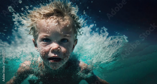 Young boy swimming in the sea, the boy looks attentively at the camera, Close up view, with Generative AI technology © Markus Schröder