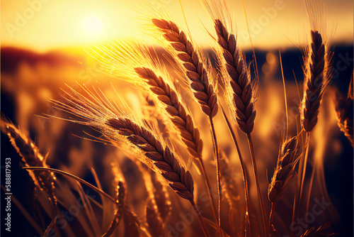 Ears of wheat ripen in a field at sunset. AI generated.