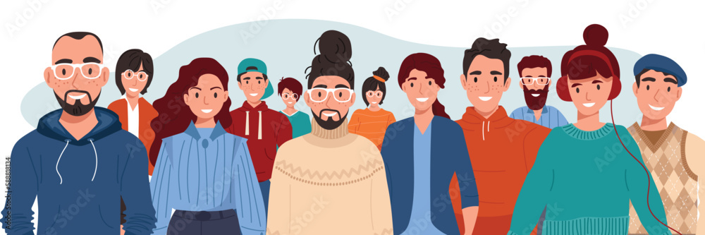 Join our team. Teamwork, cooperation, friendship concept. Multicultural team. Unity in diversity. People of different nationalities and religions cartoon characters.	
