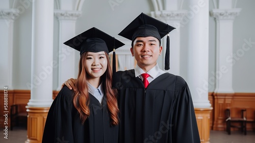 Asian Male and female graduate students in gowns and mortarboards. Generative AI
