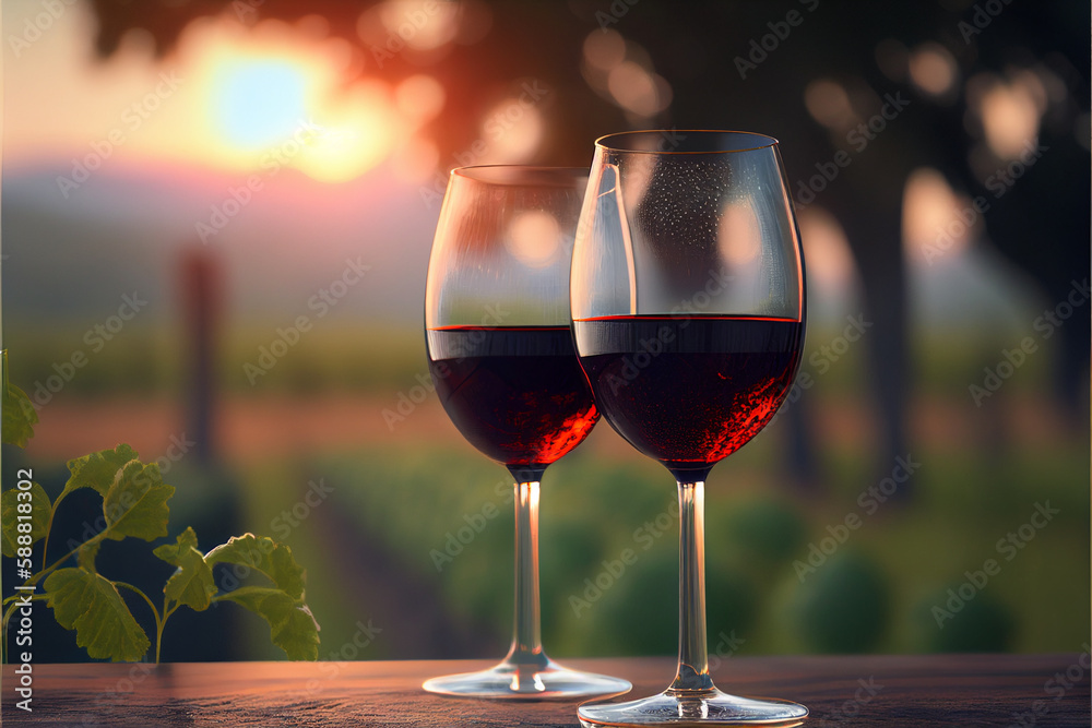 Two glasses of red wine in the background of a vineyard. AI generated.