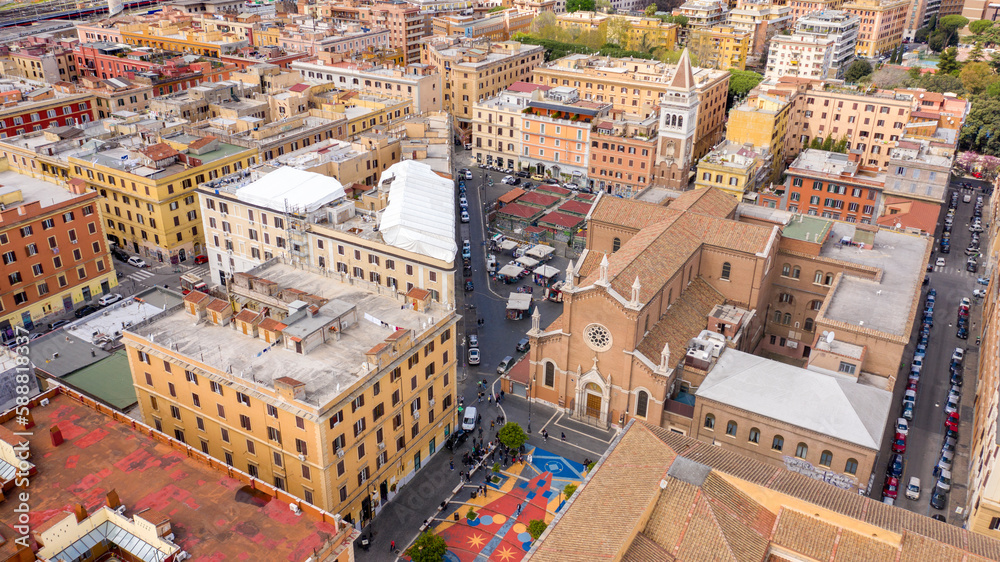 Aerial view of the church of St. Mary Immaculate and St. John Berchmans in the Immaculate Square. It is a place of Catholic worship located in the San Lorenzo district, Rome, Italy.
