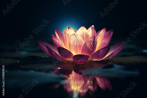 Imagem onírica de ouro brilhante de flor de lótus ou lírio d'água com iluminação rosa transparente sob o céu noturno escuro