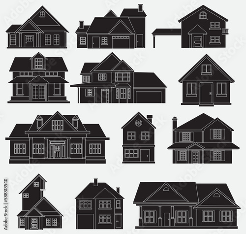 Fototapeta Naklejka Na Ścianę i Meble -  Silhouette House Vector Illustration, A clean and minimalist vector illustration of a house in silhouette form, perfect for a variety of design projects