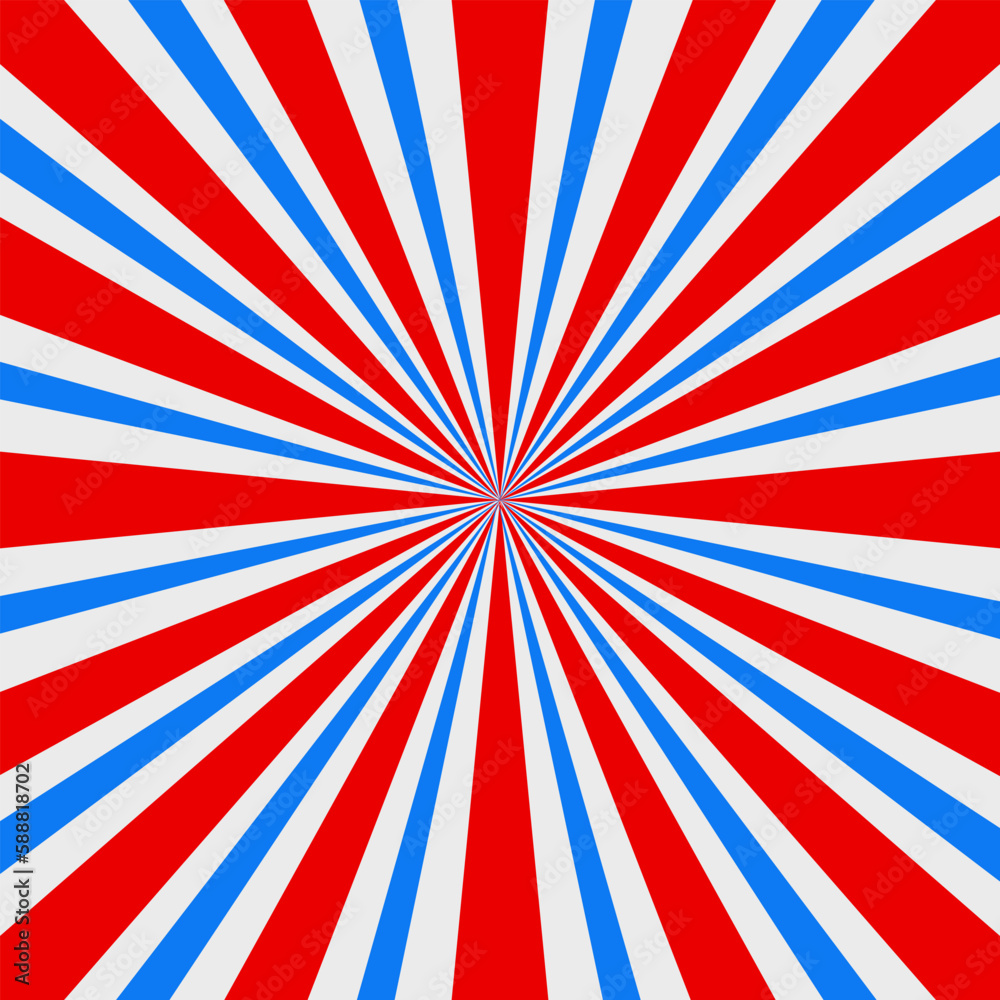 Fototapeta premium Blue and red sunburst abstract background on white color.