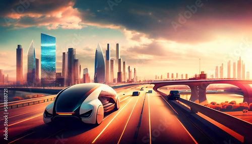 A self-driving car is driving along a highway, with other cars and a modern city skyline in the background.  Generative AI. photo