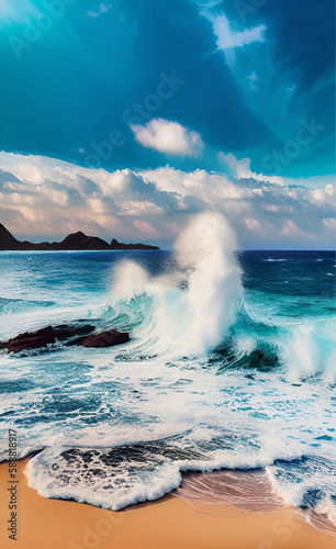 Sea ocean waves crashing on the coastline background landscape. Generative AI.