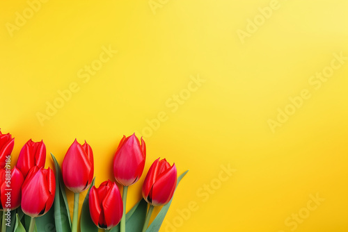 Esvazie o fundo carmim brilhante sólido limpo com flores frescas de tulipa vermelha e espaço de cópia. Modelo de cartão horizontal de férias de primavera