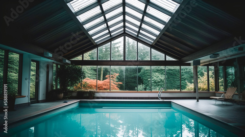 Escape to Serenity, A Gorgeous Indoor Swimming Pool with Panoramic Forest Views, Generative AI