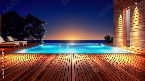Ultimate Relaxation, A Wood Terrace and Swimming Pool at Night in Exotic Setting, Generative AI © BPawesome