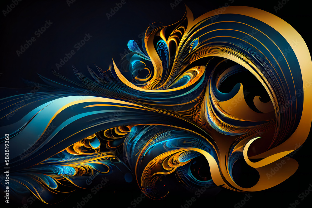 Dynamic Deep Blue Gold Background with Vibrant Colors and Plasma Wave. Generative AI