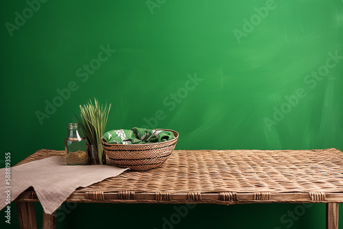 Mesa de madeira vazia com jogo americano de vime sobre fundo de parede verde . Festa mexicana simulada para exibição de design e produto photo