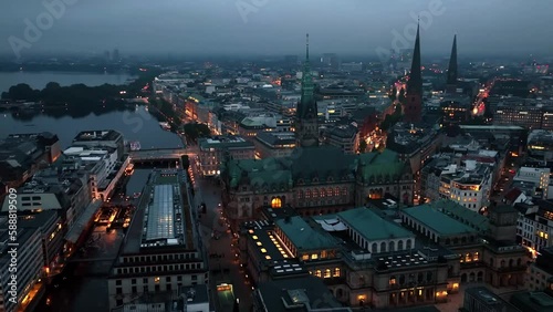 Establishing Aerial Shot of Hamburg at evening , Mecklenburg-West Pomerania, Germany, magic light over the city.