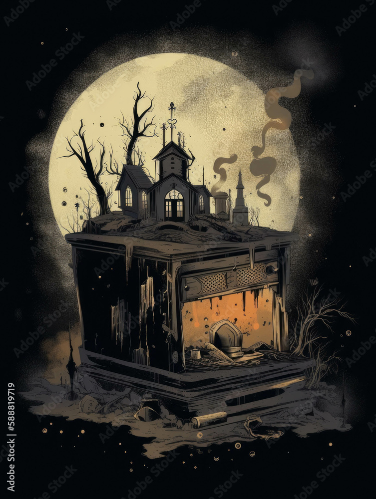 A charred music box playing a haunting melody between the remains of a