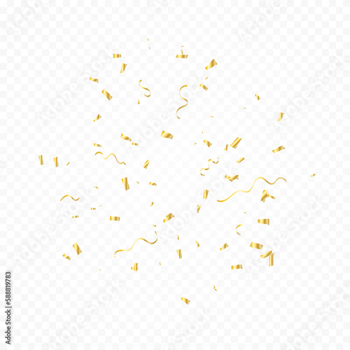 Explosion Golden Tiny Confetti And Streamer Ribbon Falling On Transparent Background. Vector