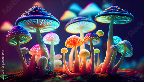 Magical Mushroom Garden with Vibrant Hues. Hallucinogenic Fungi. Generative AI