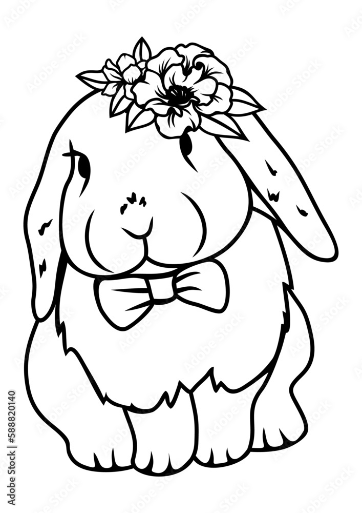 Obraz premium Cute bunny with flowers on head, easter bunny icon, cute pet. Forest animal. Vector illustration