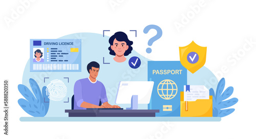 KYC or know your customer. Businessman verifying identity of its clients. Business identification and finance safety. Cyber crime. Marketing person doing research, analyzing client surveys photo