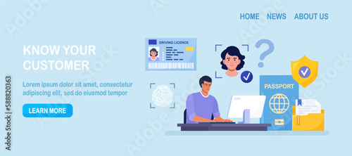 KYC or know your customer. Businessman verifying identity of its clients. Business identification and finance safety. Cyber crime. Marketing person doing research, analyzing client surveys