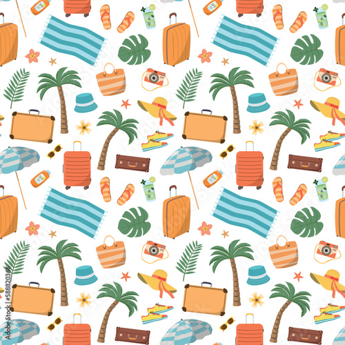 Beach vacation items seamless pattern. Luggage, tropic trees and other. Travel and tourism flat vector illustration. Isolated on white background.