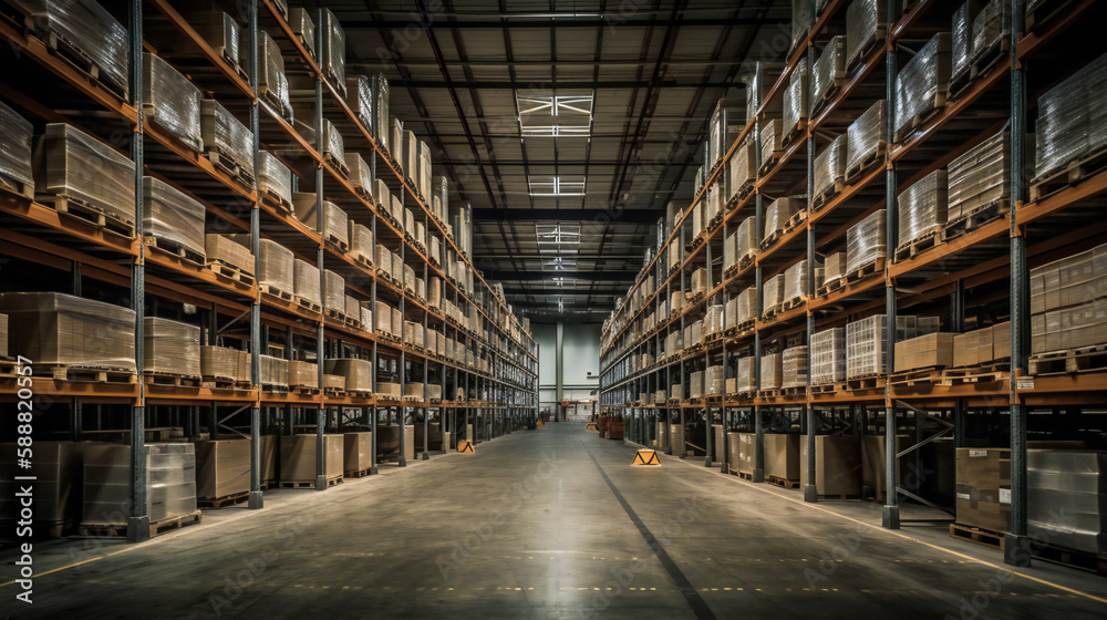 The Imposing Interior of a Massive Warehouse. Generative AI