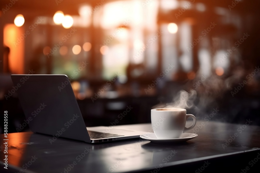 Business Cafe: Laptop and Coffee Cup on Table with Blurred Background and Copy Space for Coffee Shop Business Cafe: Laptop and Coffee Cup on Table with Blurred Background and Copy Space for Coffee Shop