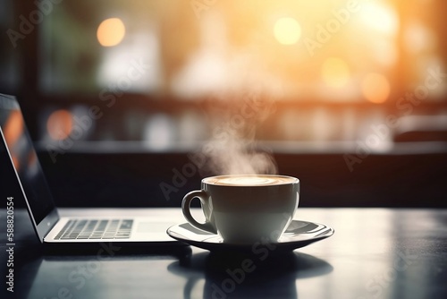 Business Cafe: Laptop and Coffee Cup on Table with Blurred Background and Copy Space for Coffee Shop