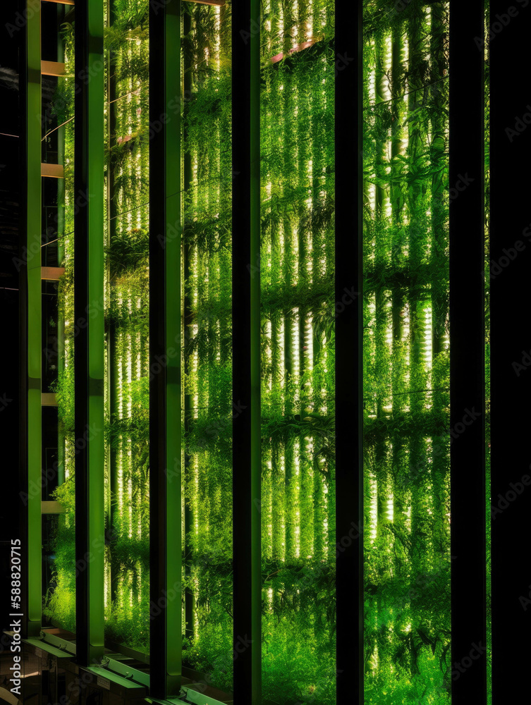 A single window close up revealed to be part of a magnificent wall of the vertical farm illuminated from within.. AI generation. A single window close up revealed to be part of a magnificent wall of the vertical farm illuminated from within.. AI generation.