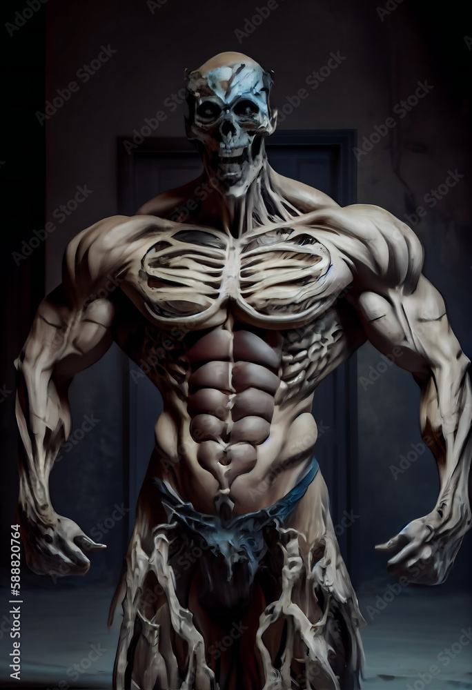 Monster with huge muscles and Skull Face. Generative AI. Monster with huge muscles and Skull Face. Generative AI.