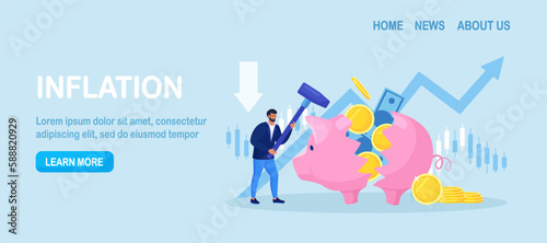 Businessman breaking piggy bank with hammer. Financial crisis, Bankruptcy, investment failure. Depressed poor man in need of money. Frustrated desperate business person near broken money box