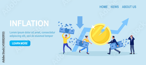 Inflation and deflation. Profit and loss in business. Lose money in financial crisis. Businessman holding big money banknote while reduce in value. Rising food cost and grocery prices