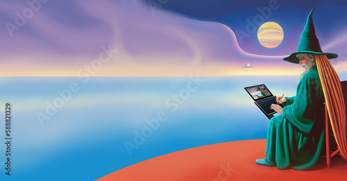 Surrealist illustration of a fantasy wizard painting on a digital graphic tablet. Banner with copy space. Generative AI