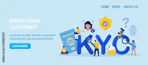 KYC or know your customer. Business people verifying identity of its clients. Business identification and finance safety. Cyber crime. Marketing team doing research, analyzing client surveys