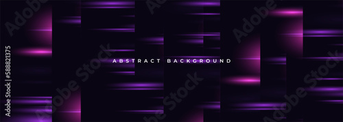 Black wide abstract background with horizontal purple glowing neon lights effect. Vector illustration