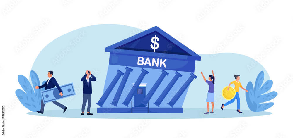 Obraz premium Banking bankruptcy. Stock market crash. Credit risk or investment failure. Frustrated business people look at collapsing bank building. Financial crisis. Economic downturn. Global money loss problem