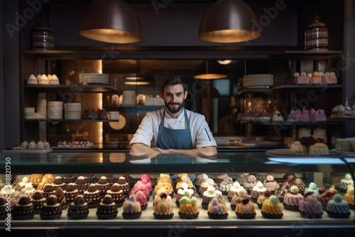 Seller confectioner standing in front of a showcase counter with his products ice cream, cakes and sweets. Generative AI photo