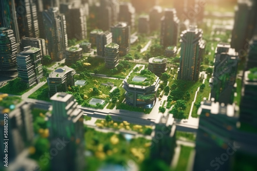 Green metropolis of the future  High-tech city with lush vegetation and clear skies