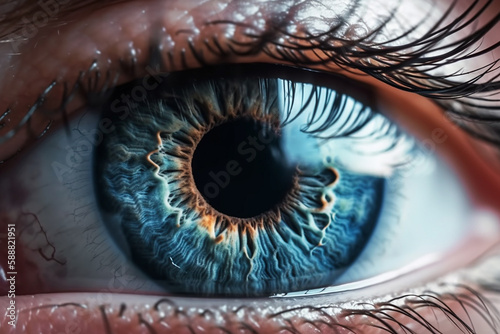 Human blue eye macro photography close up. Medical vision eyesight concept. Ai generated