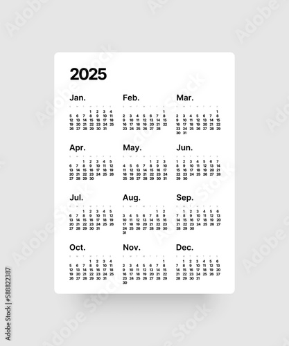 VOSTOCK Photo - Annual calendar template for 2025 year. Week Starts on