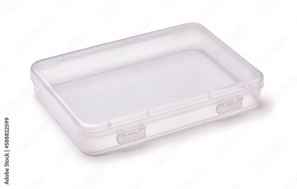 Empty reusable transparent plastic box with hinged lid Empty reusable transparent plastic box with hinged lid
