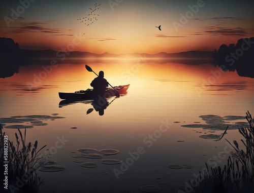 Person Kayaking on Calm Lake at Sunset - Peaceful Scene. Generative AI © Fox
